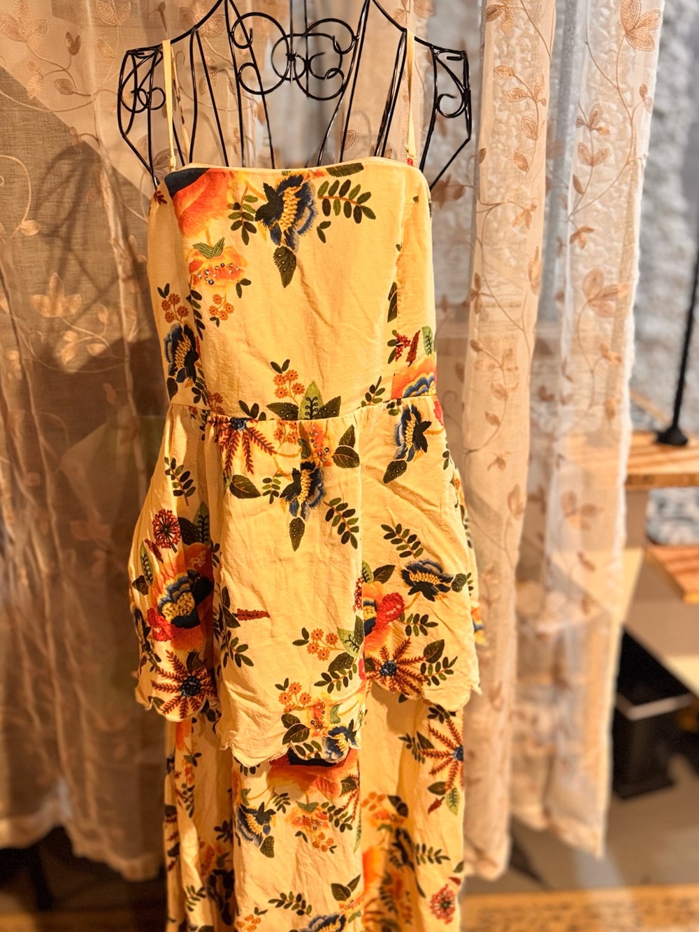 Christian Lacroix Yellow Floral Tiered Spaghetti-Strap Midi Dress - Picture 3 of 6